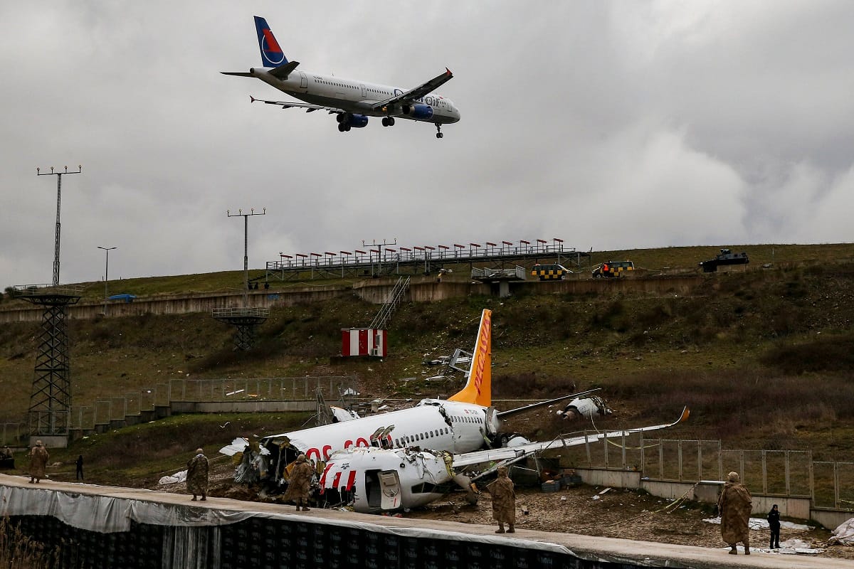 Pegasus Airlines plane flying into Sabiha Gokcen airport of Istanbul skidded off the wet runway