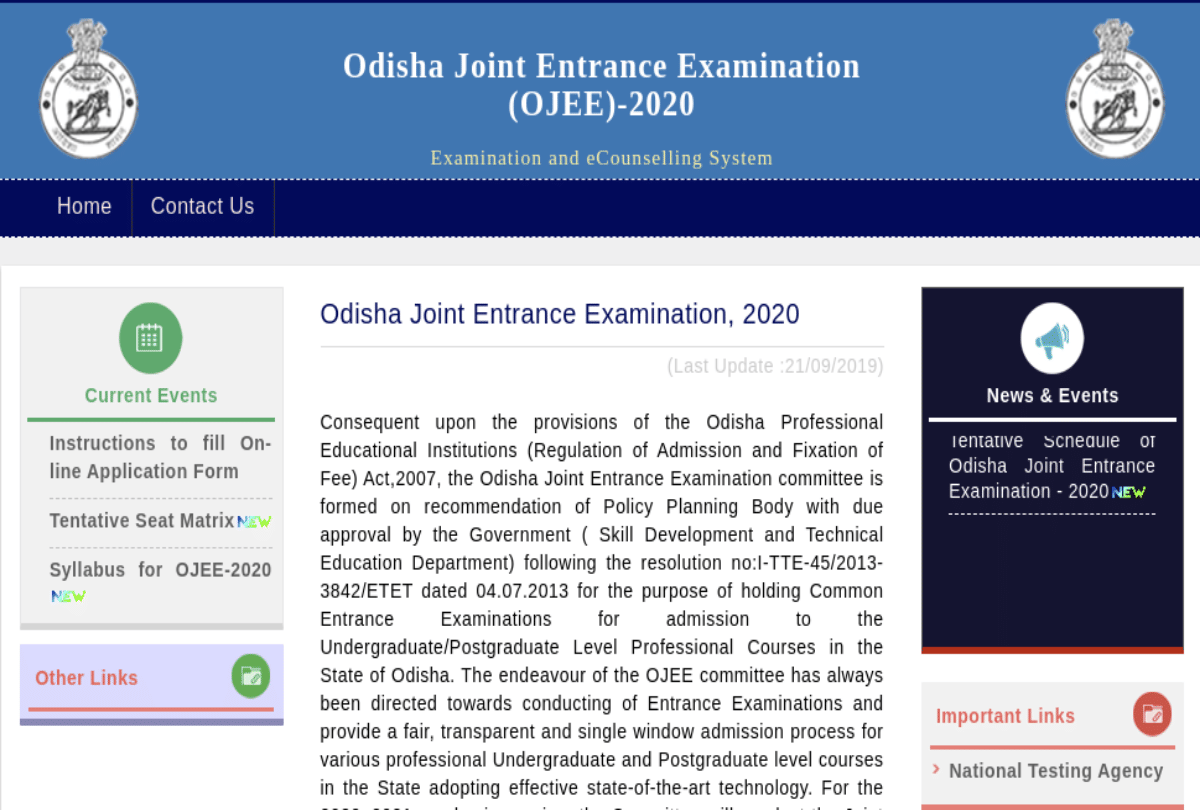 OJEE 2020 registration for Odisha JEE 2020 application form and exam date