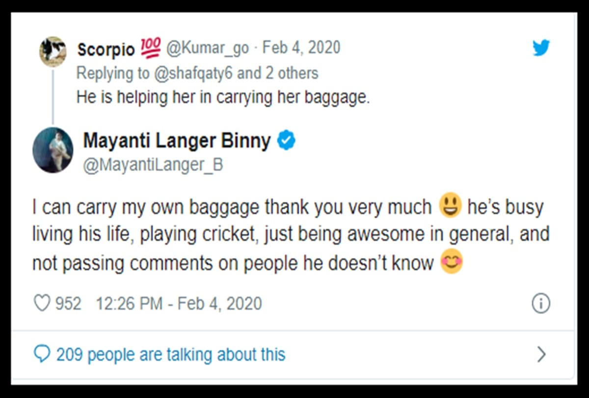 Mayanti Langer shuts down troll over comment on Stuart Binny