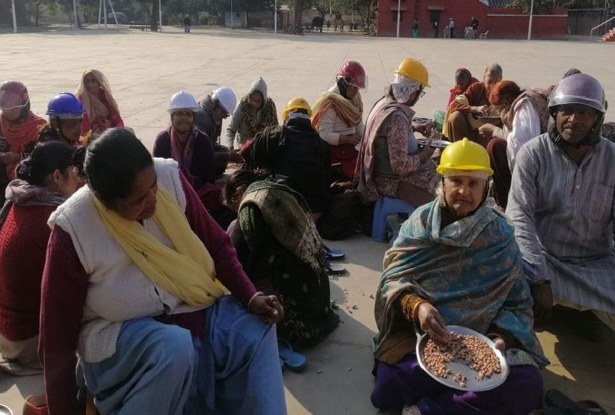 people wear helmet during walking in dayalbagh agra