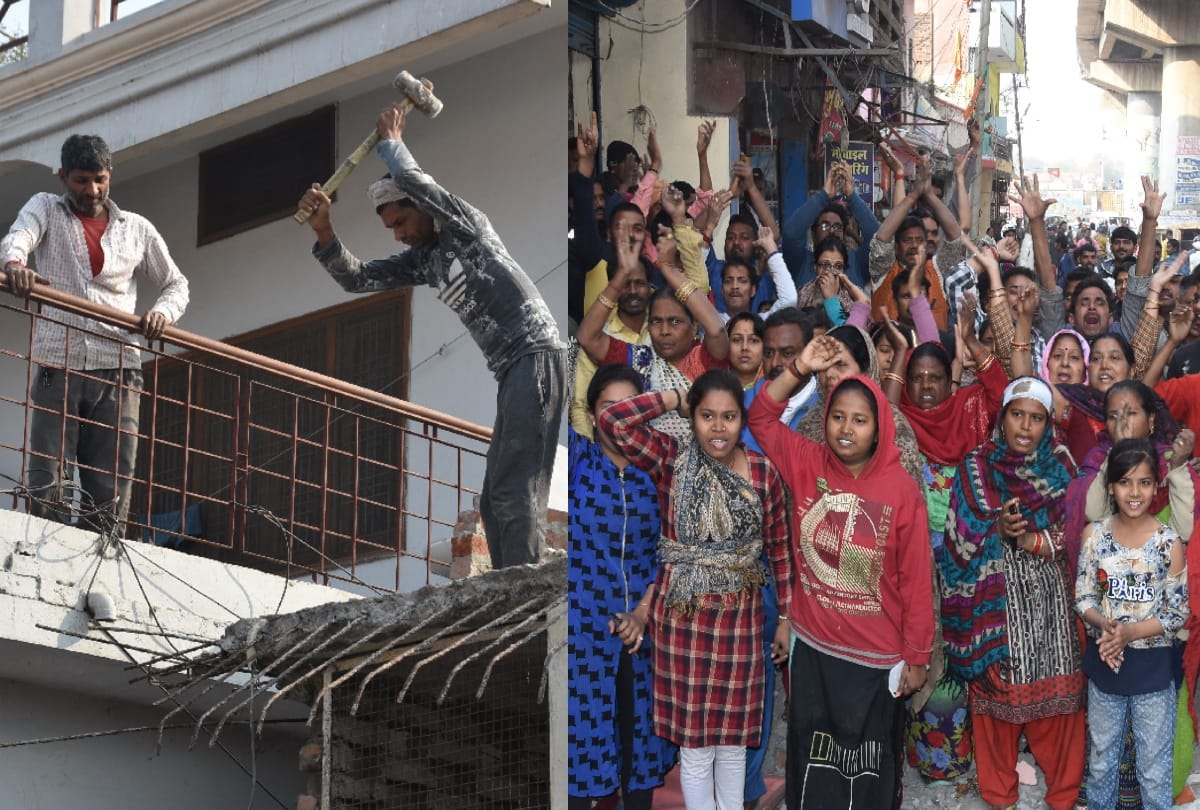 peaple protest during roadside encroachment removed  in gorakhpur