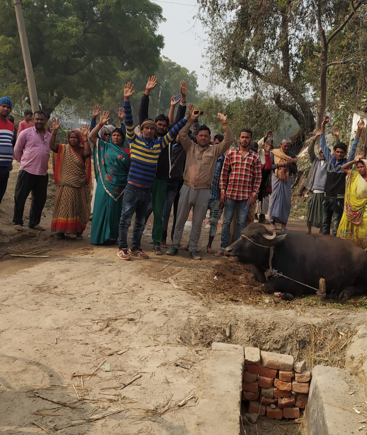 Villagers angry over using inferior materials in drain construction