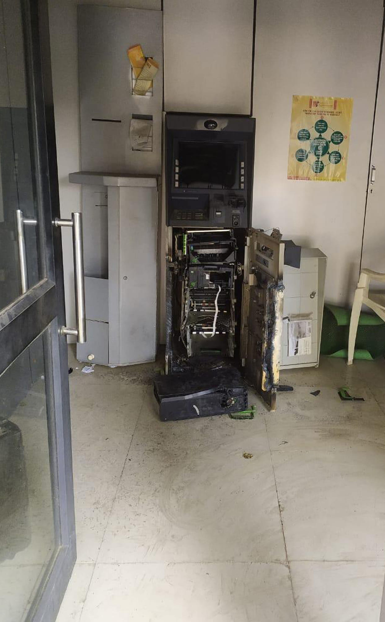 after spry on cctv, cut syndicate bank atm  with gas cutter and  theft 2.50 lac