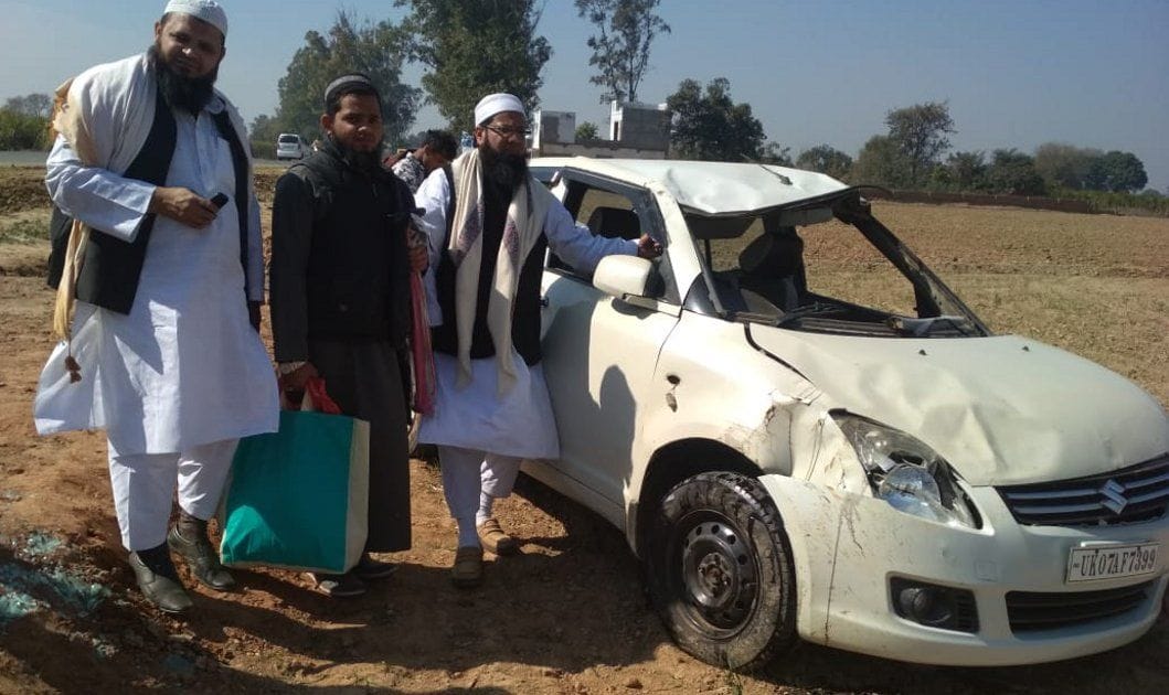 Car falls into a ditch due to tire burst, four injured