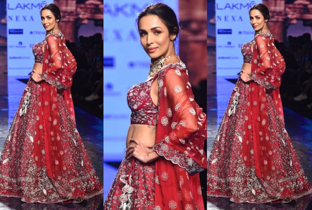 malaika arora flaunts her curvy waist in red lehenga in lakme fashion week 2020