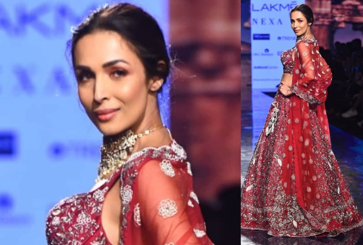 malaika arora flaunts her curvy waist in red lehenga in lakme fashion week 2020