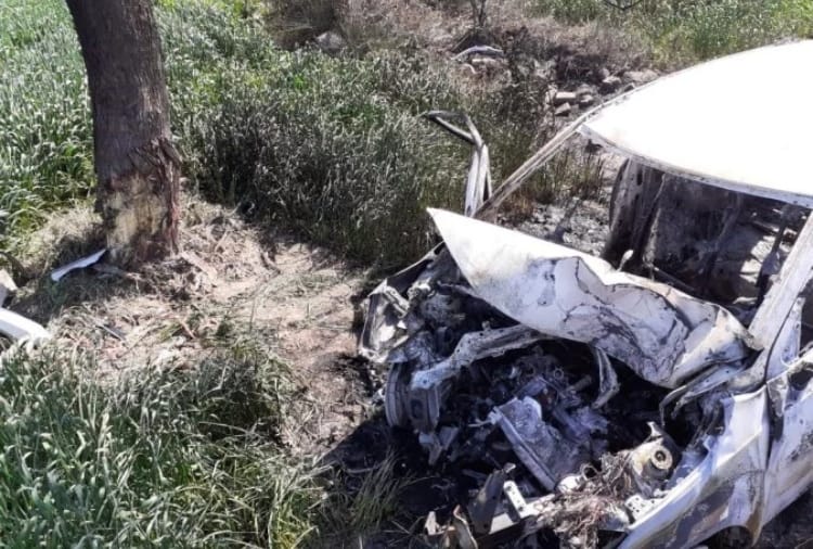 uncontrolled car collides with tree, teacher burnt alive