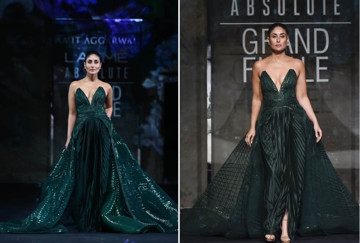 kareena kapoor look bold and beautiful in green gown at lakme fashion week 2020