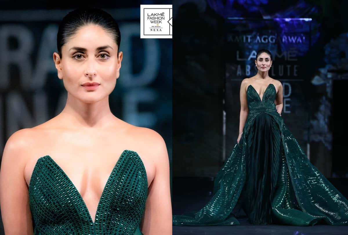 kareena kapoor look bold and beautiful in green gown at lakme fashion week 2020