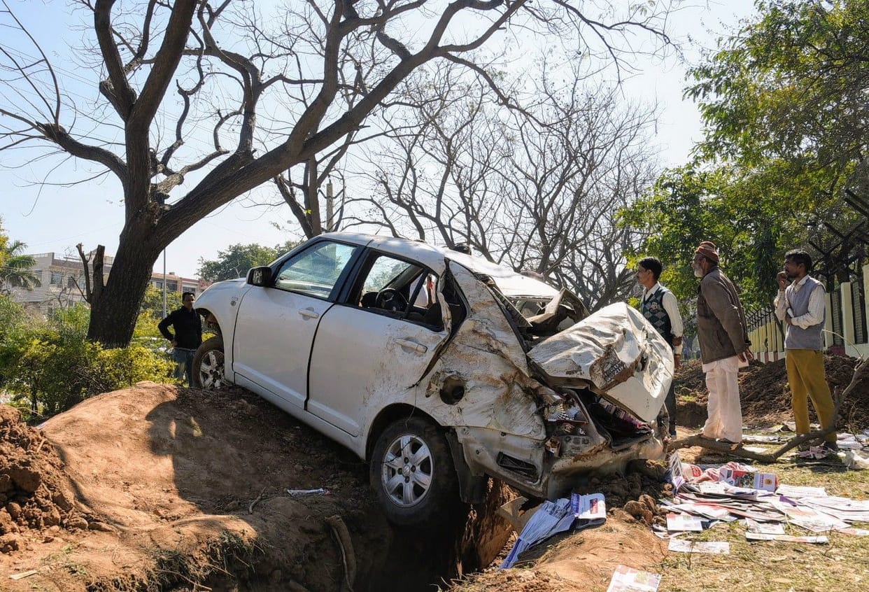 Swift car damaged after hitting a pole, driver's life saved