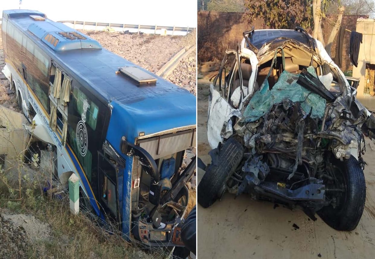 road accident in kanpur dehat, bus collision with car