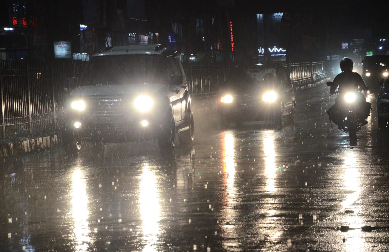 raining, wind, water logging