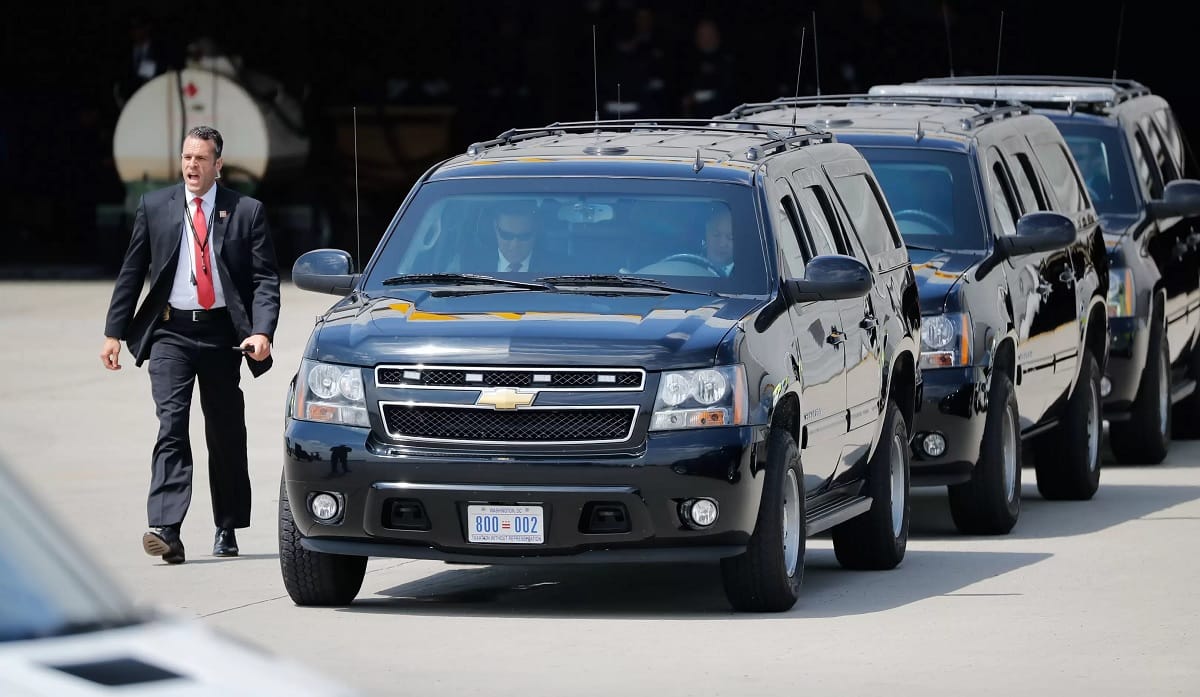 US President Donal Trump 14-vehicle convoy including The Beast and roadrunner