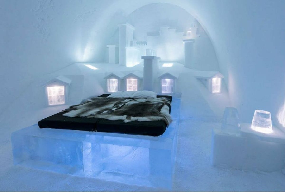 Sweden Ice Hotel which built every year and melt back into the river