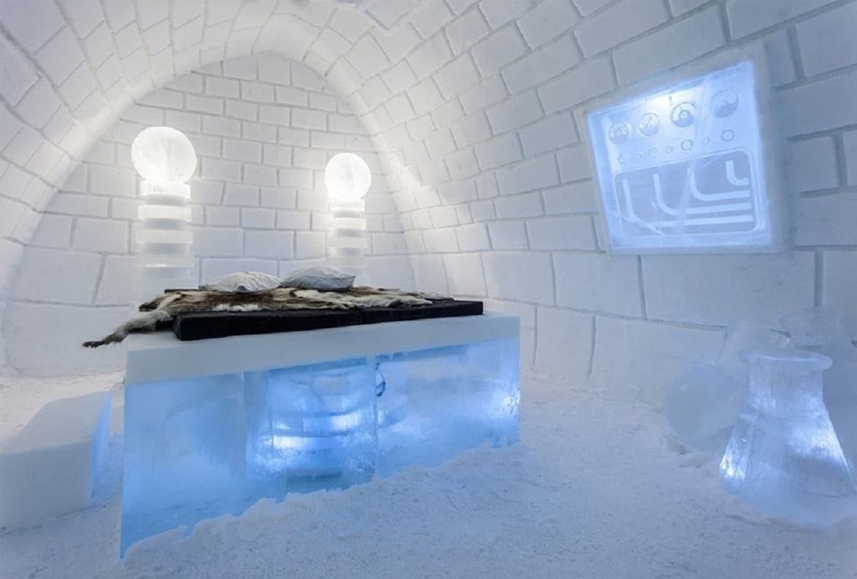 Sweden Ice Hotel which built every year and melt back into the river