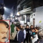 नुसरत की हत्या के बाद घर के बाहर खड़े लोग(इनसेट में नुसरत उल्लाह वसी की फाइल फोटो)।