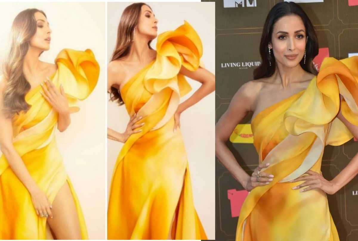malaika arora reached in miss diva 2020 with yellow high slit dress