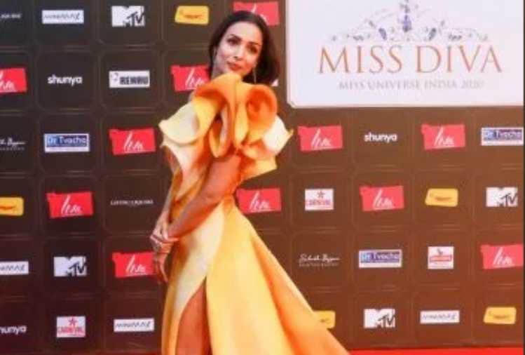 malaika arora reached in miss diva 2020 with yellow high slit dress