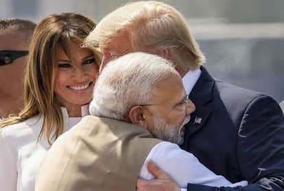 Ahmedabad: Prime Minister Narendra Modi greets US President Donald Trump with a hug upon his arrival at the Sardar Vallabhbhai Patel International Airport in Ahmedabad, Monday, Feb. 24, 2020. Trump is on a two-day visit to India.