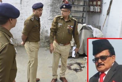 घटनास्थल की जांच करते पुलिस अधिकारी (इनसेट में मृतक नुसरत उल्लाह वारसी)।