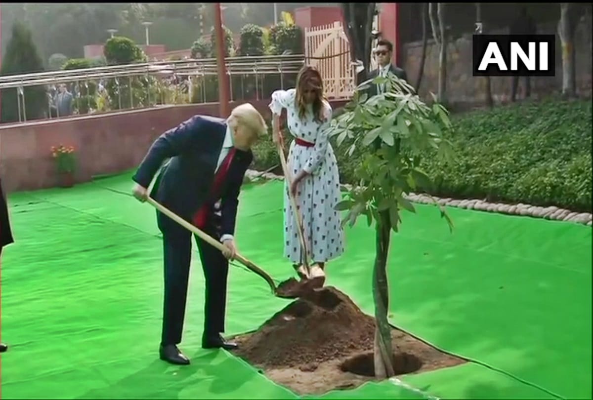 Donald Trump and First Lady Melania Trump plant a tree at Raj Ghat.