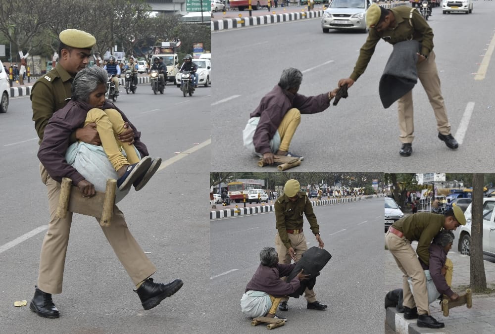 Sipahi helped an old lady while crossing the road in Lucknow.