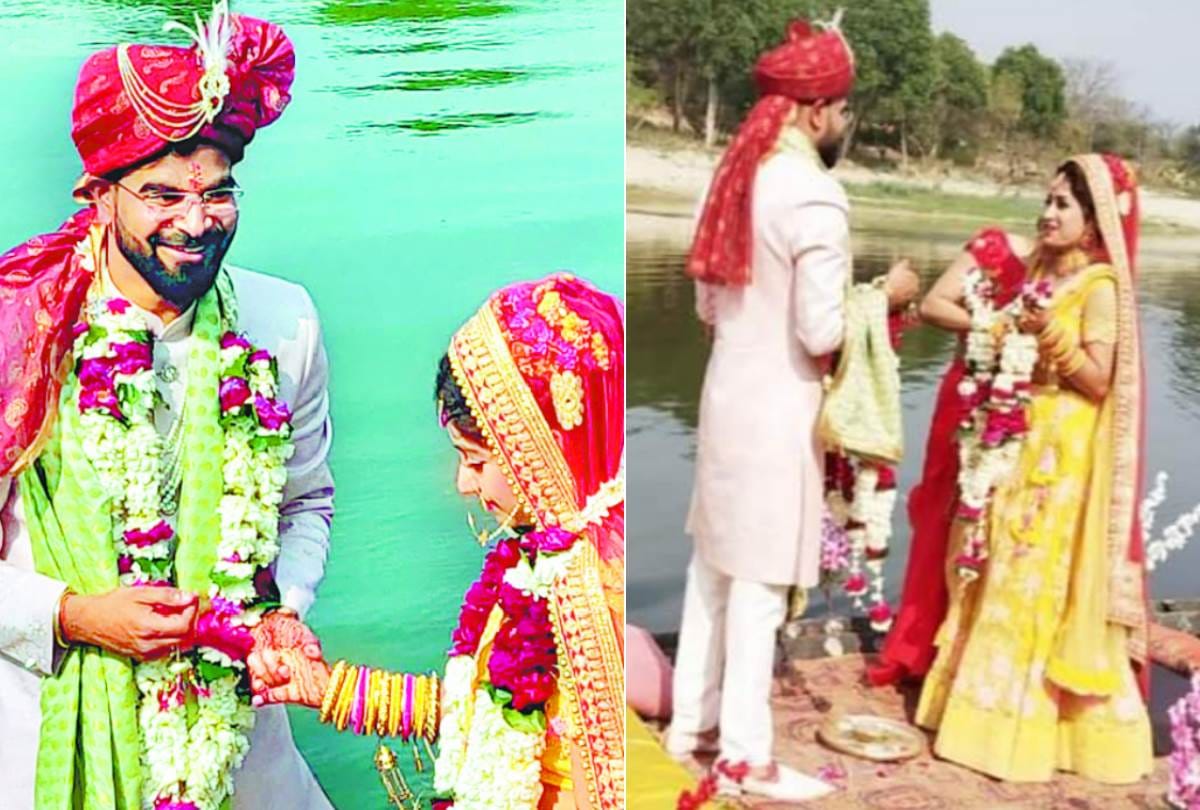 couple performed rituals on a boat in gomti river in sultanpur