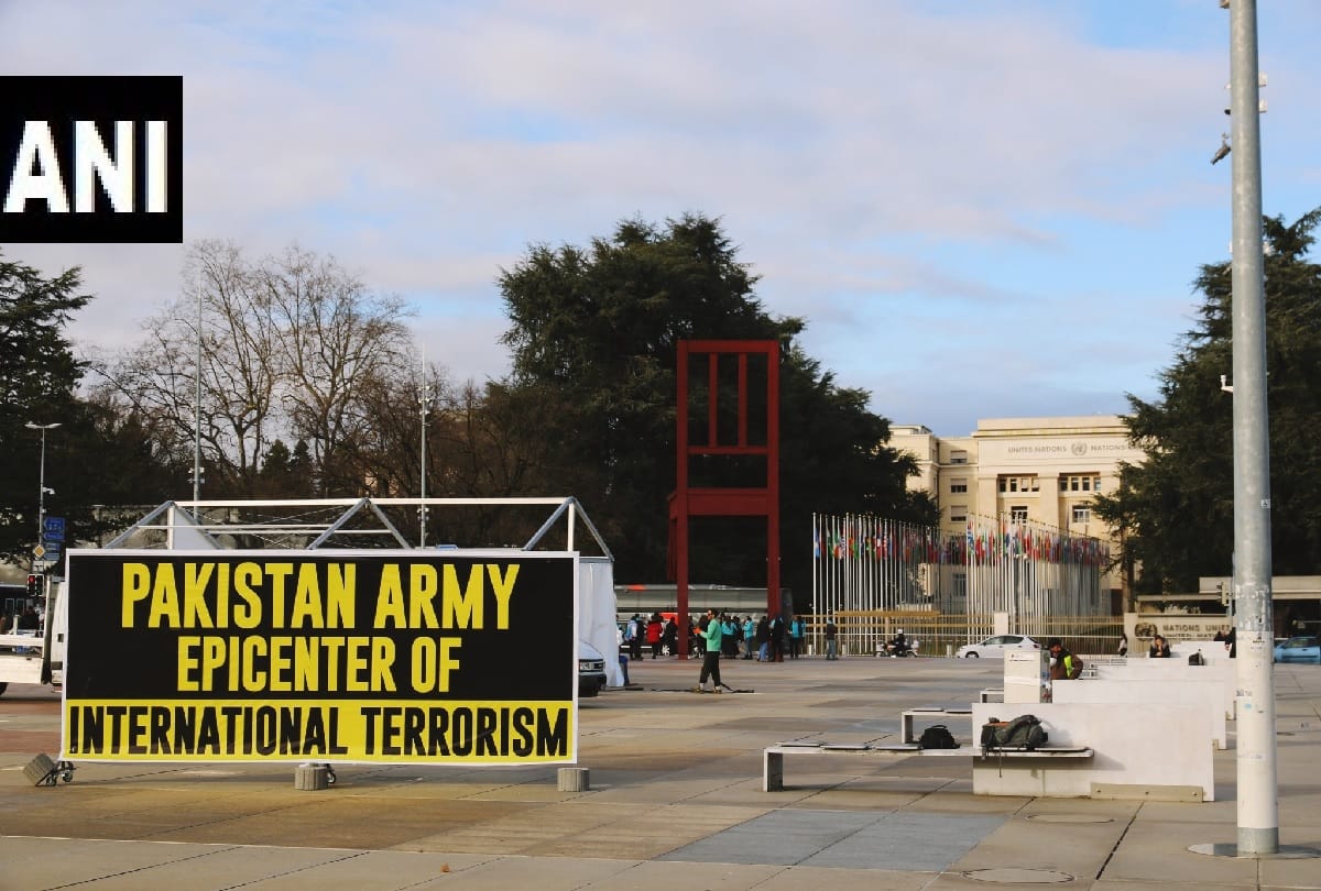 Pakistan Army Epicenter of International Terrorism banner put up in Geneva Switzerland