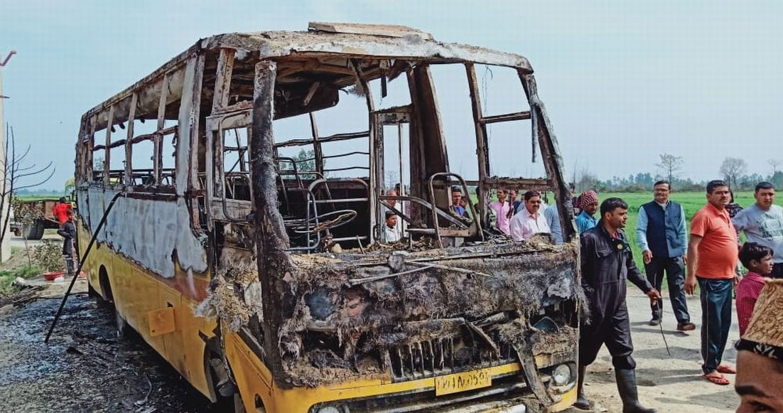 School bus parked on the road caused a fire