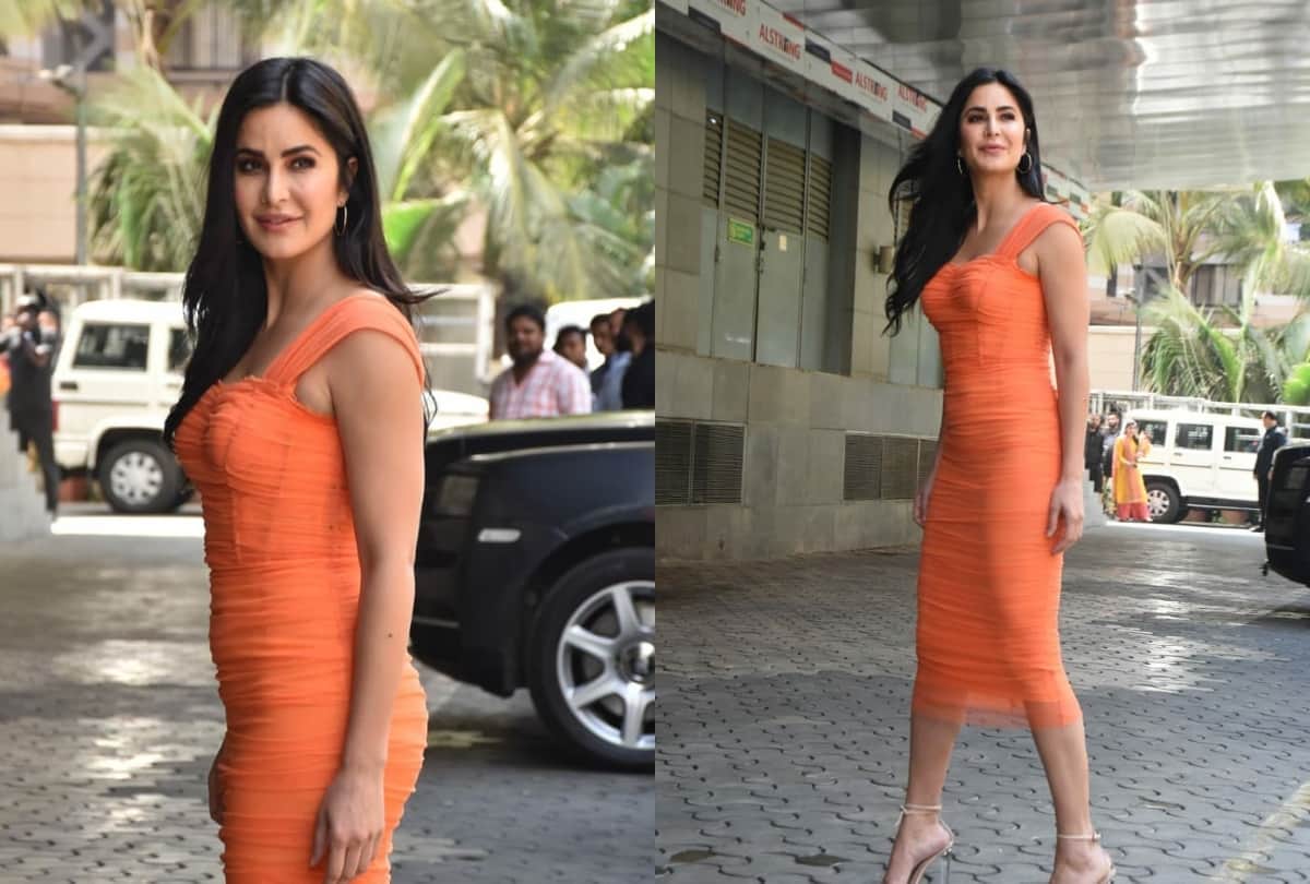 katrina kaif in orange bodycon dress in sooryavanshi trailer launch