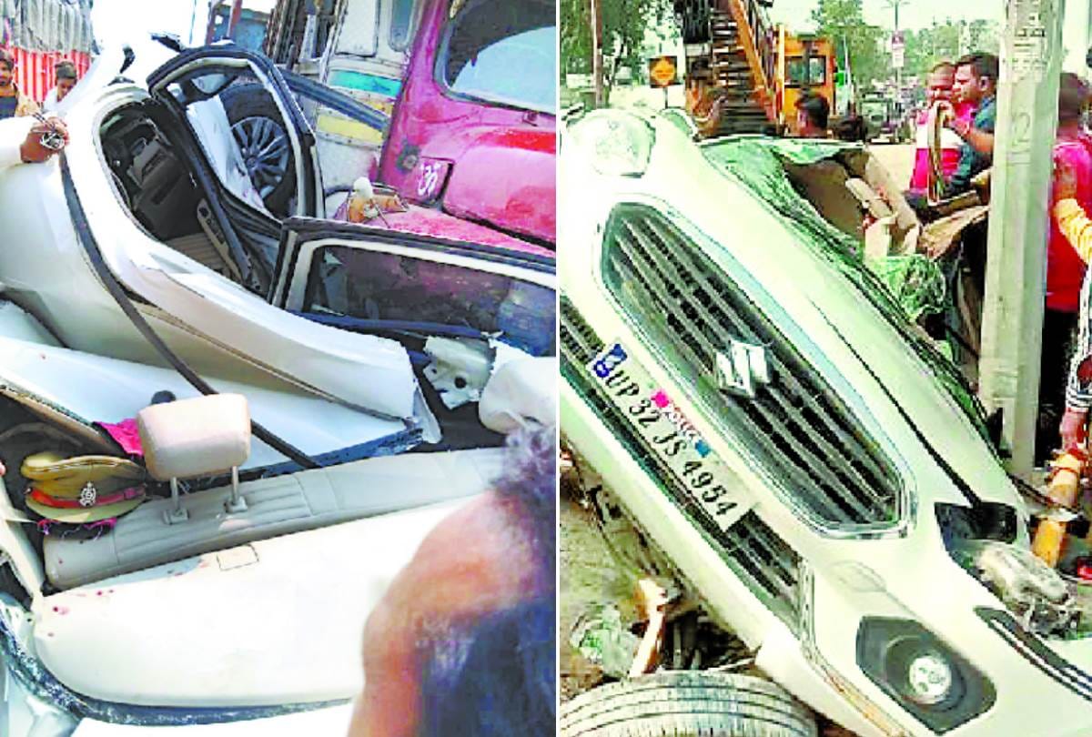 truck hits car, inspector saved in lucknow