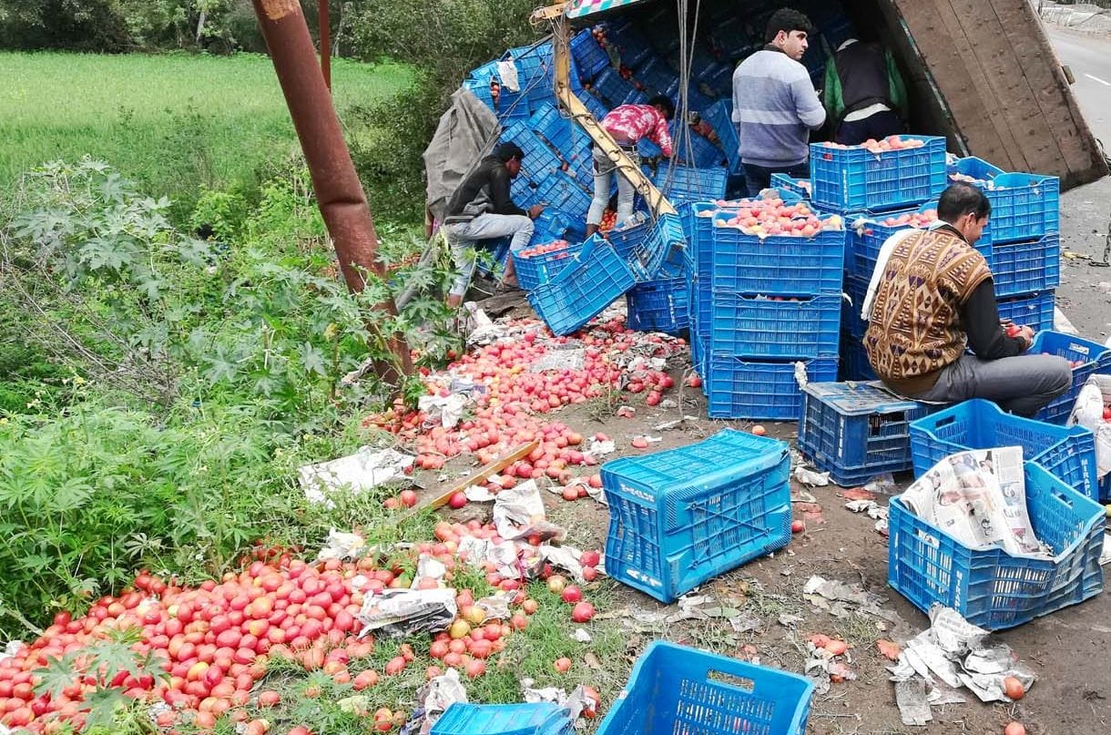 truck tourn over in road side, tomatos samprate in road