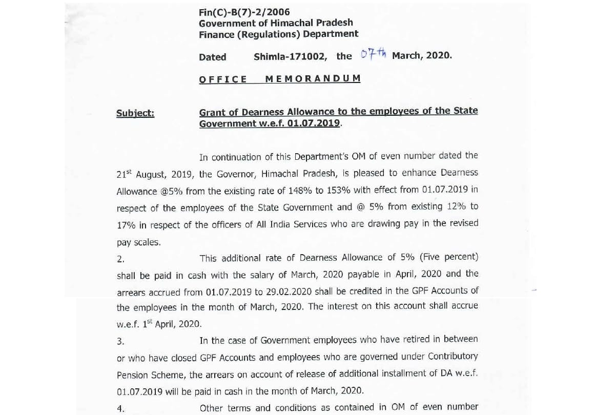 five percent dearness allowance to Himachal Pradesh Employees Notificaton