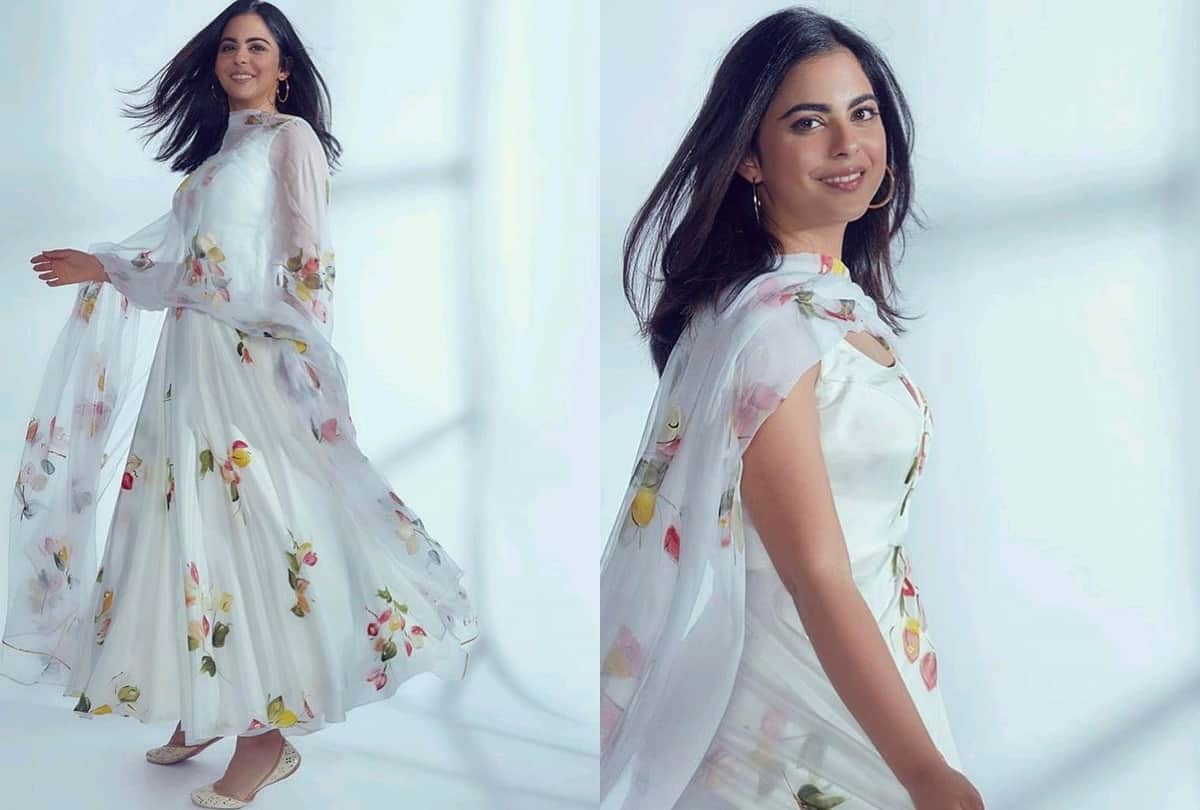 isha ambani traditional holi look in white anarkali hand printed suit