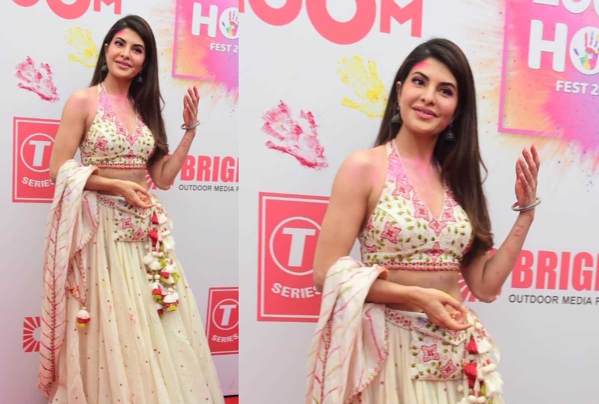 jacqueline fernandez wears beautiful white colorful lehenga in holi party