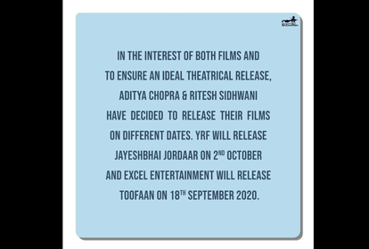 Farhan Akhtar film Toofaan Preponed For Ranveer Singh Jayeshbhai Jordaar