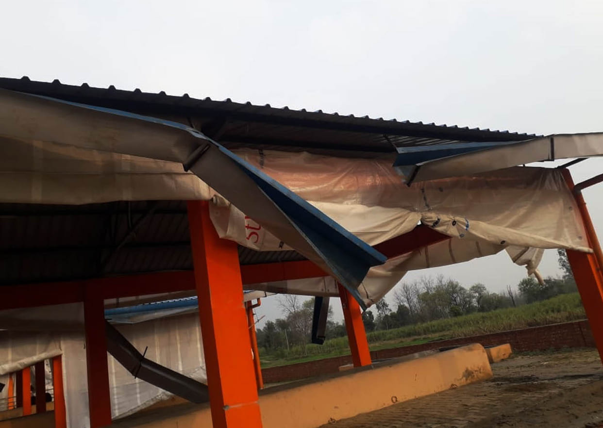 The rains of the cowshed flew in the strong wind with rain