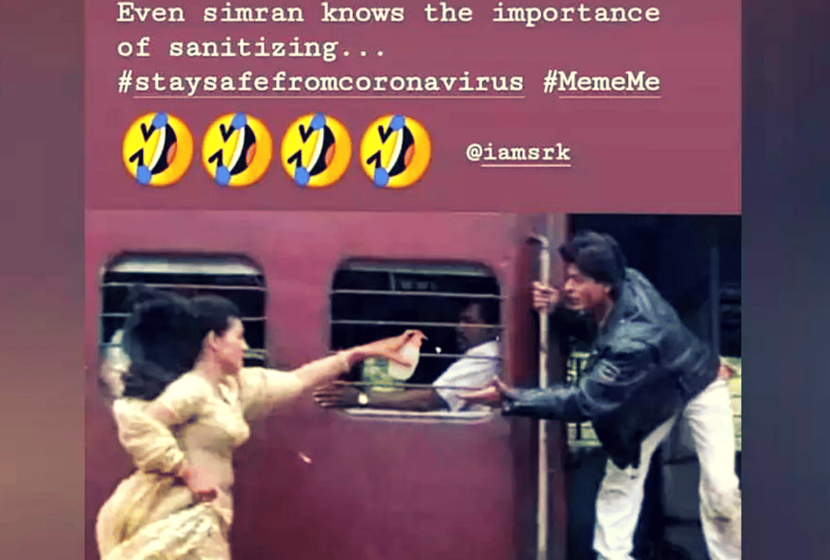 coronavirus kajol share a meme offers sanitizer to shahrukh khan from film ddlj
