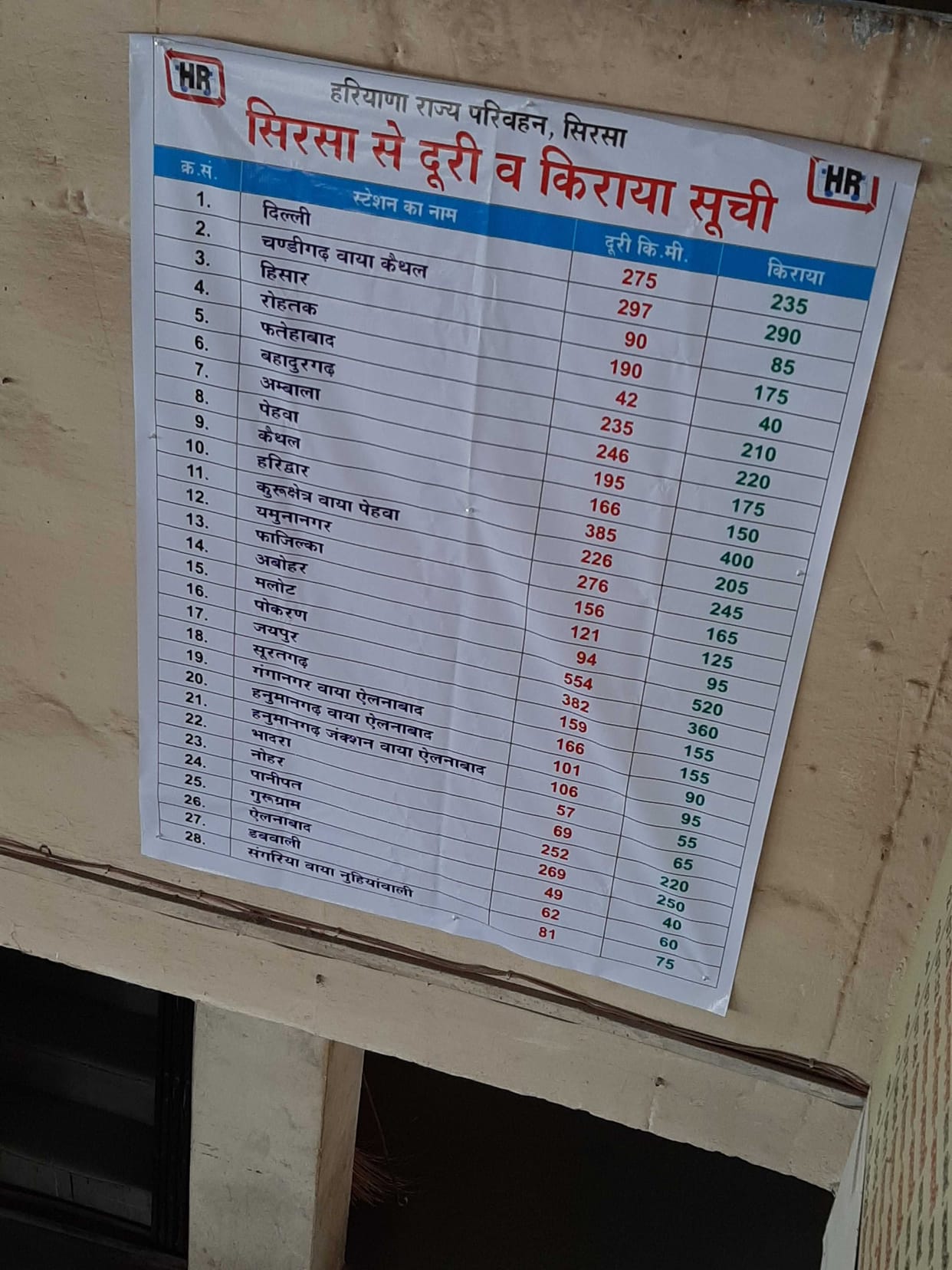 fare list of 28 routes set at the bus station