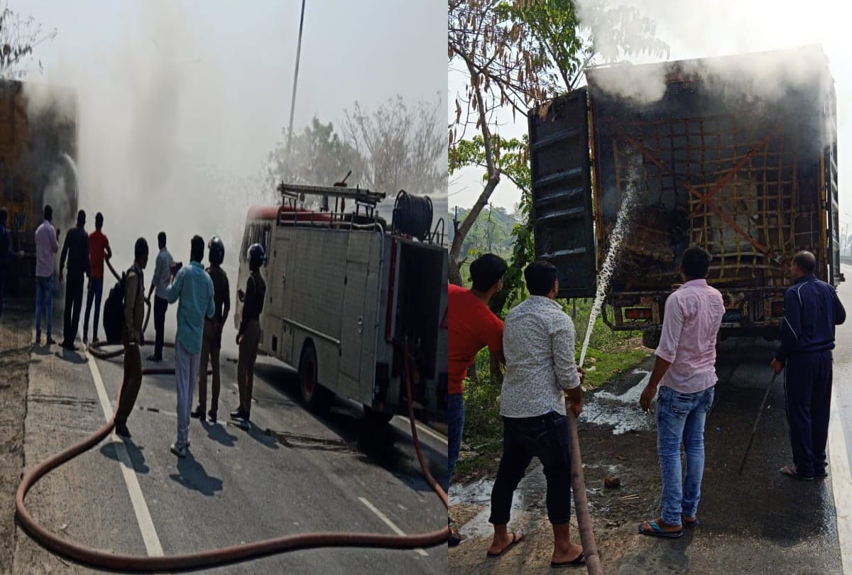 truck burnt on highway in kushinagar