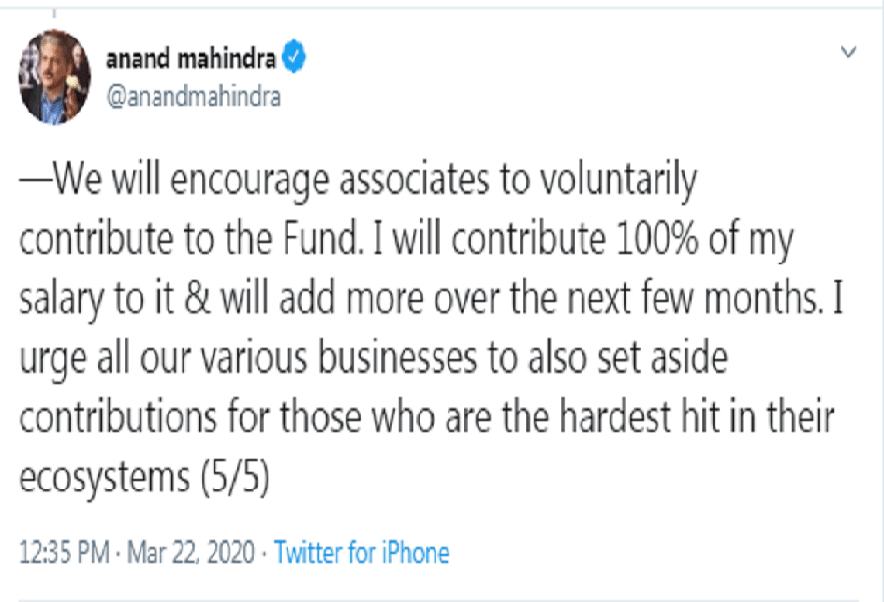 anand mahindra anil agarwal Vijay Shekhar Sharma Manish Mundra donating to stop corona effect on economy