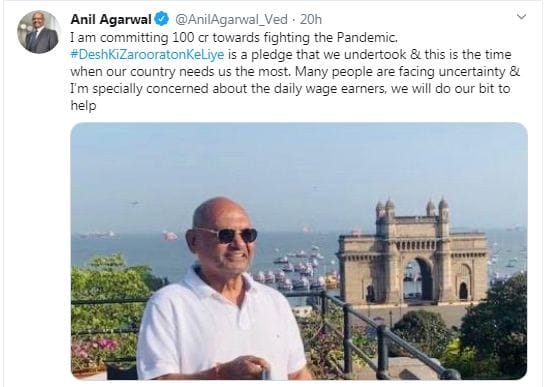anand mahindra anil agarwal Vijay Shekhar Sharma Manish Mundra donating to stop corona effect on economy