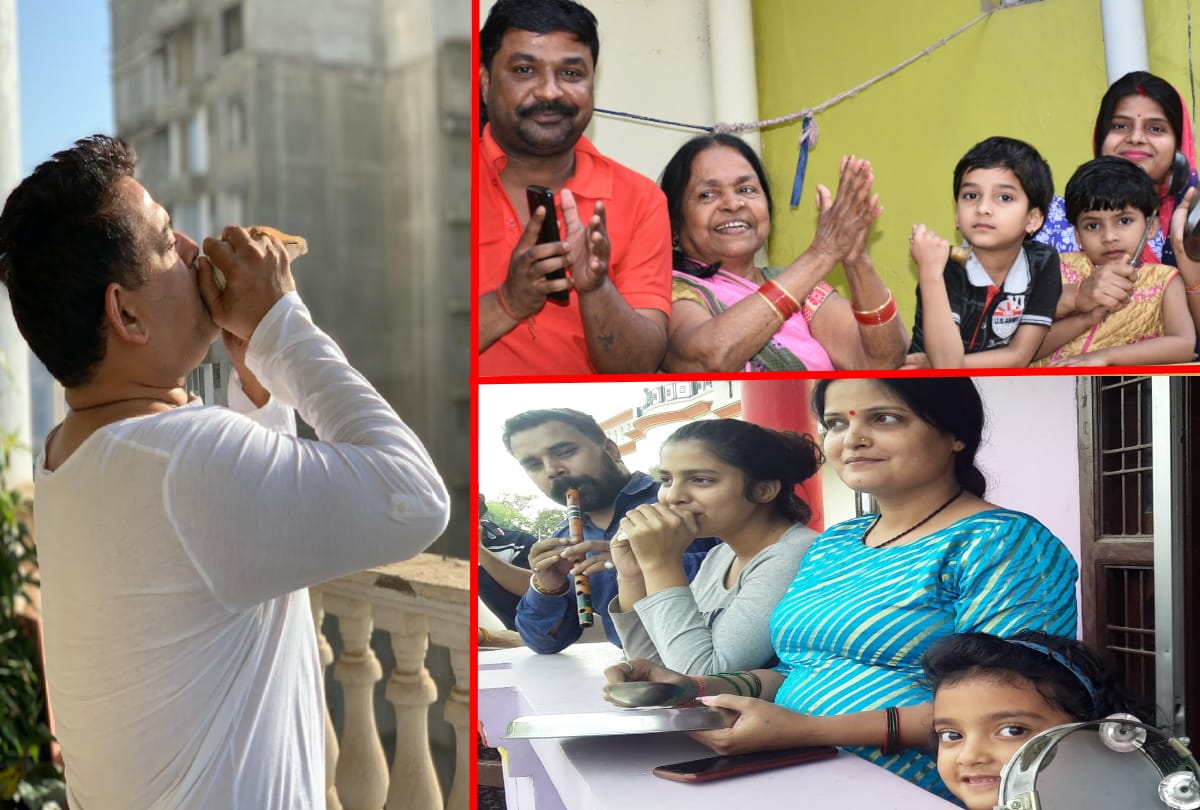 people ringing bell for salute after janta curfew for coronavirus in gorakhpur