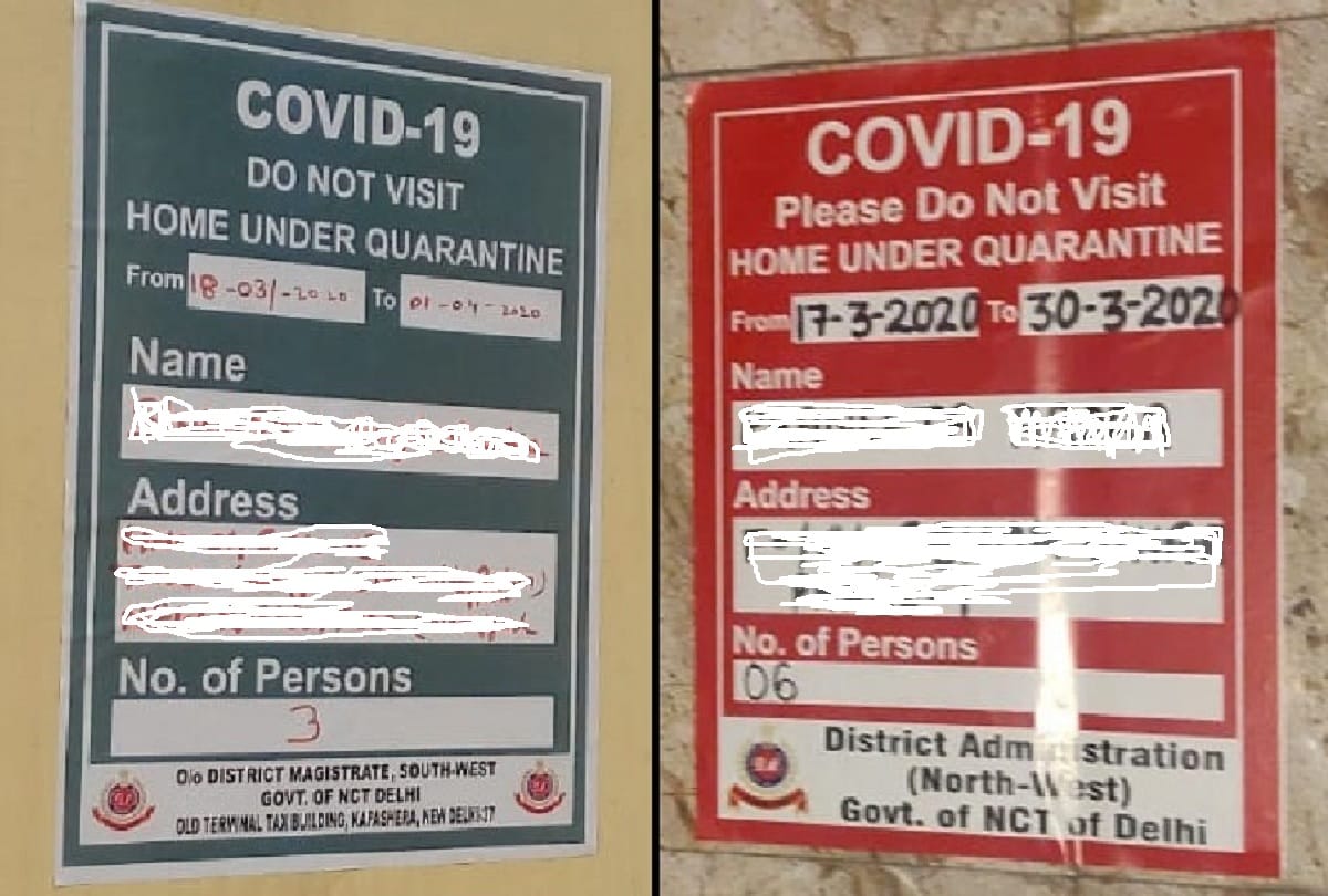 Posters placed outside the house of suspected corona patients in Delhi