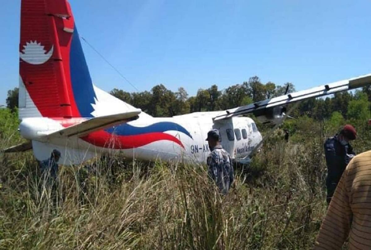 charter plane carrying teams of doctor slides away from landing runway in Dhangadhi nepal