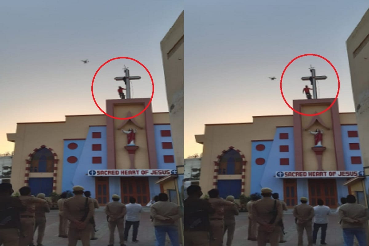 Disgusted with beating of Punjab Police, young man climbed to the top of the church