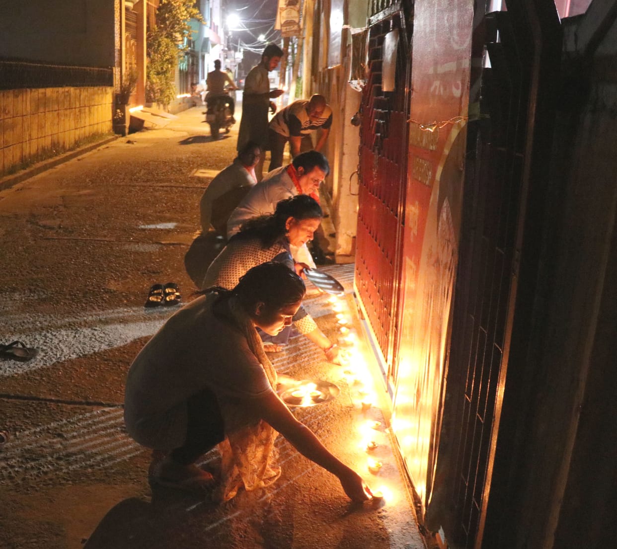Lamps lit outside houses on Shriram Navami