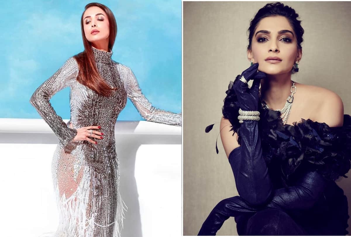 malaika arora and sonam kapoor same crushed gold lehenga which look is best
