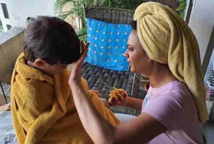 shweta tiwari make hairstylist cut the hair her son during lockdown