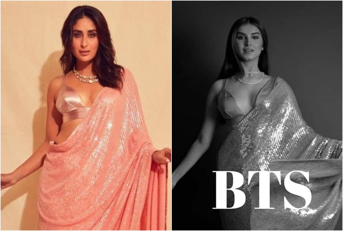 tara sutaria copy kareena kapoor in grey shimmer saree